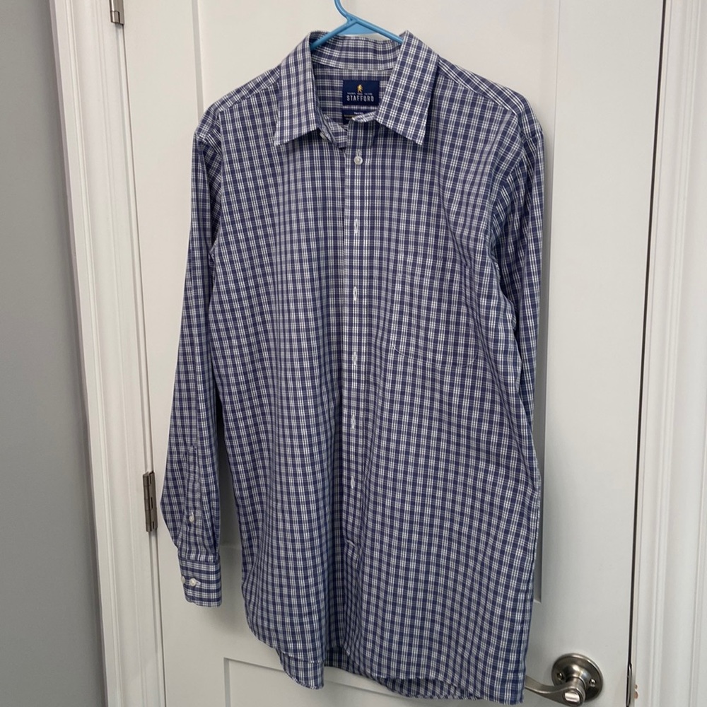 Stafford Blue Checkered Dress Shirt (Regular Fit; 16 34/35)
